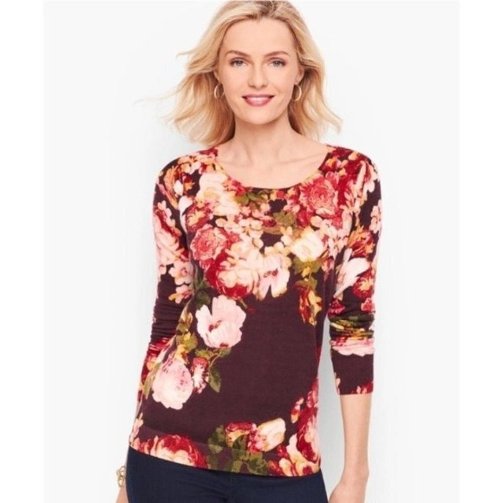 Talbots Luxury Merino Wool Floral Sweater Burgundy Gold Pink XS